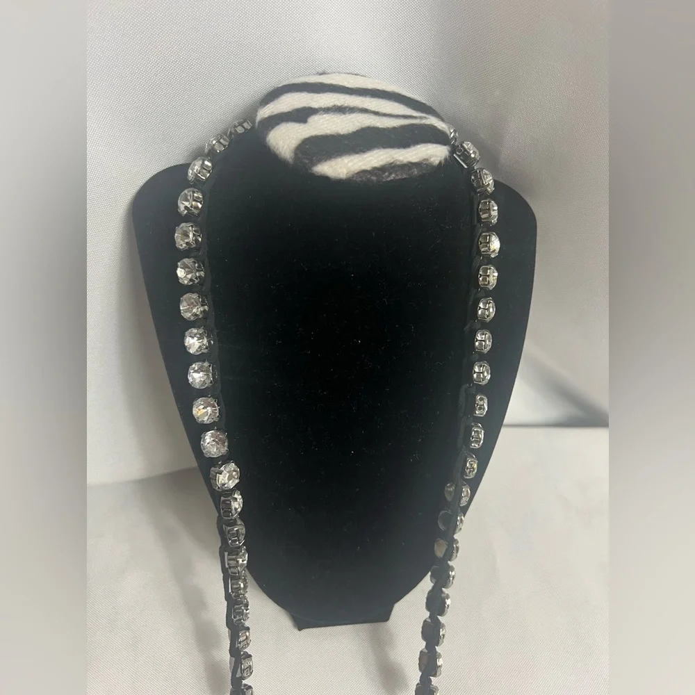Necklace Faux Diamond Silver Long Super Shiny Party Black Corded